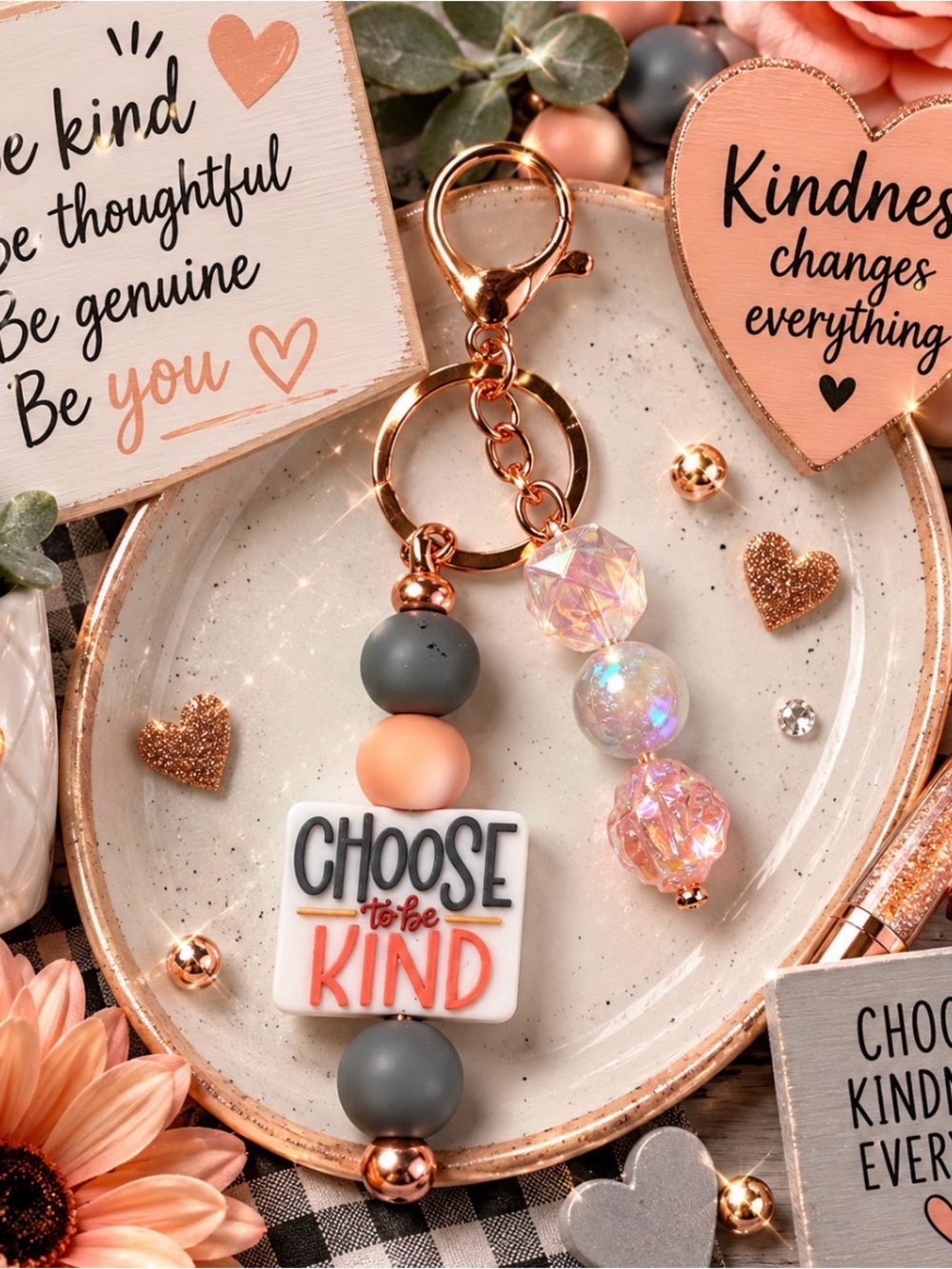 Hand Crafted Rose Gold Keychain with Peach and Gray Beads